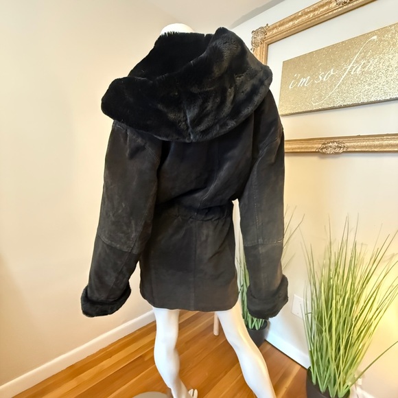 Wilsons Leather Jacket Black Suede Faux Vegan Fur Trim Vintage Retro 90’s Large - Picture 6 of 9